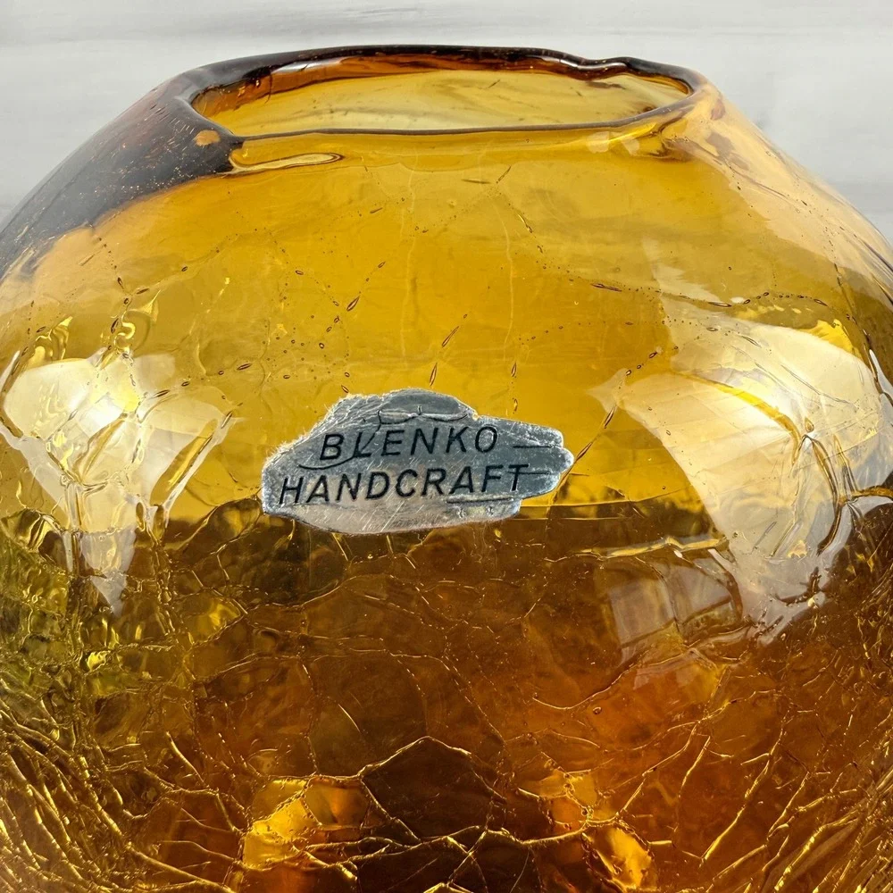 Blenko 8016M Amber Crackle Pill Vase Don Shepherd Design